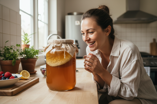 Lady watching her first kombucha brew