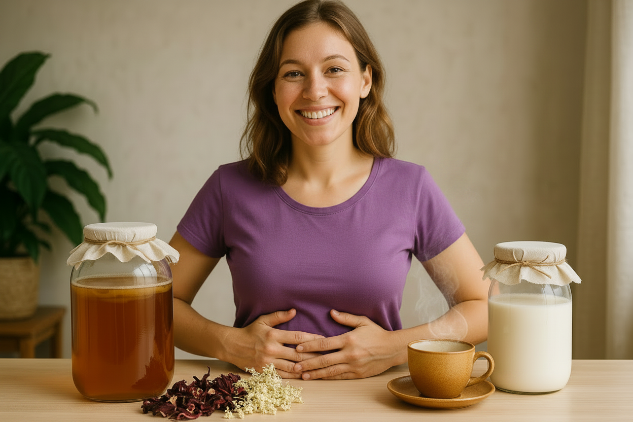 a photo image of a lady with hands on stomach smiling and a jar of kombucha tea with cloth on on the one side & a jar with cloth on with milk kefir on the other side